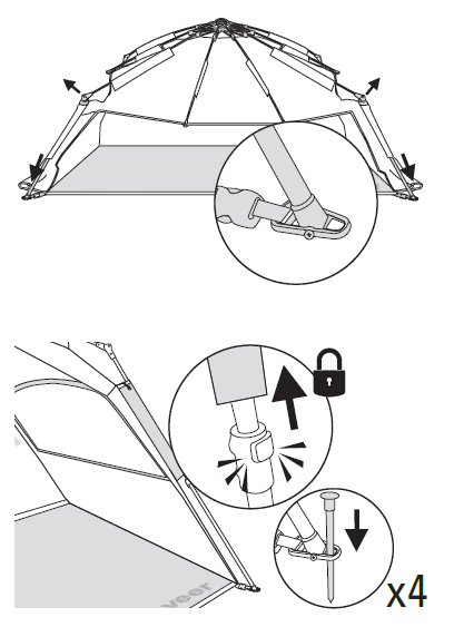 Extend legs and stake corners